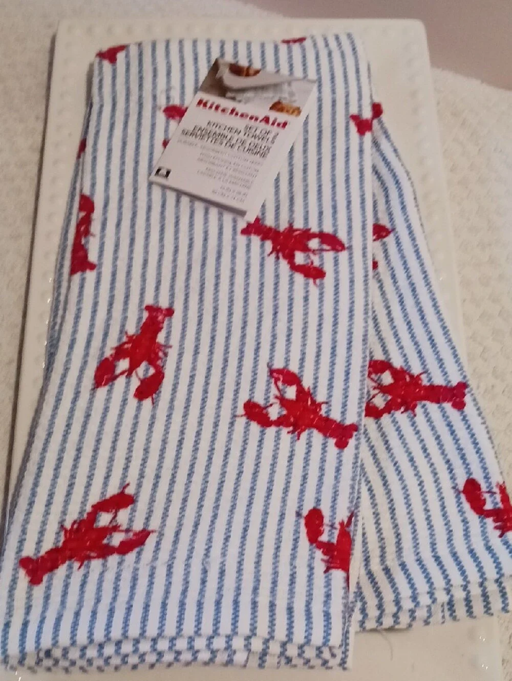 KitchenAid Blue & White Striped Kitchen Towels with Red Lobster Print 🦞